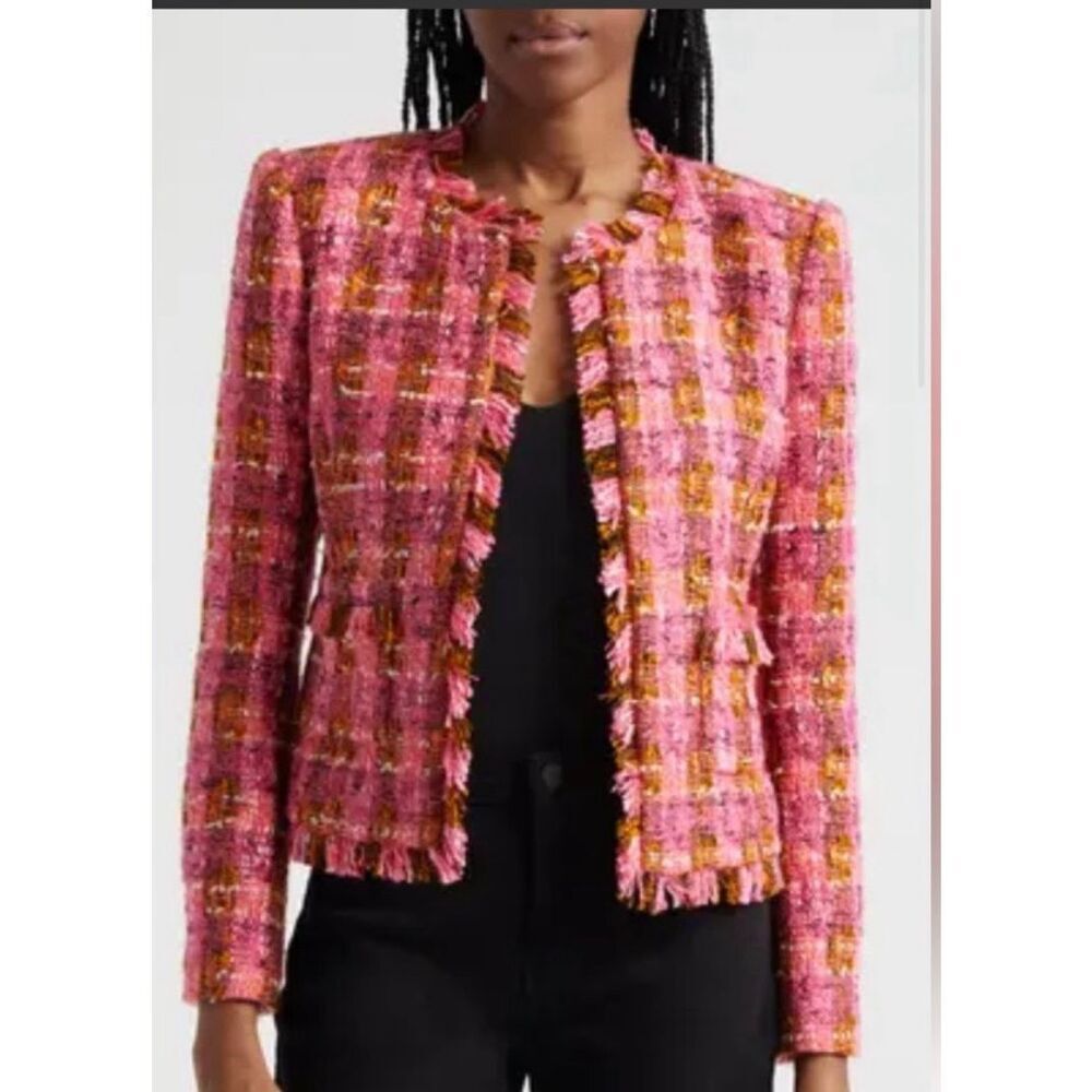 L'AGENCE Pink and Gold Tweed Fringed Collarless Blazer